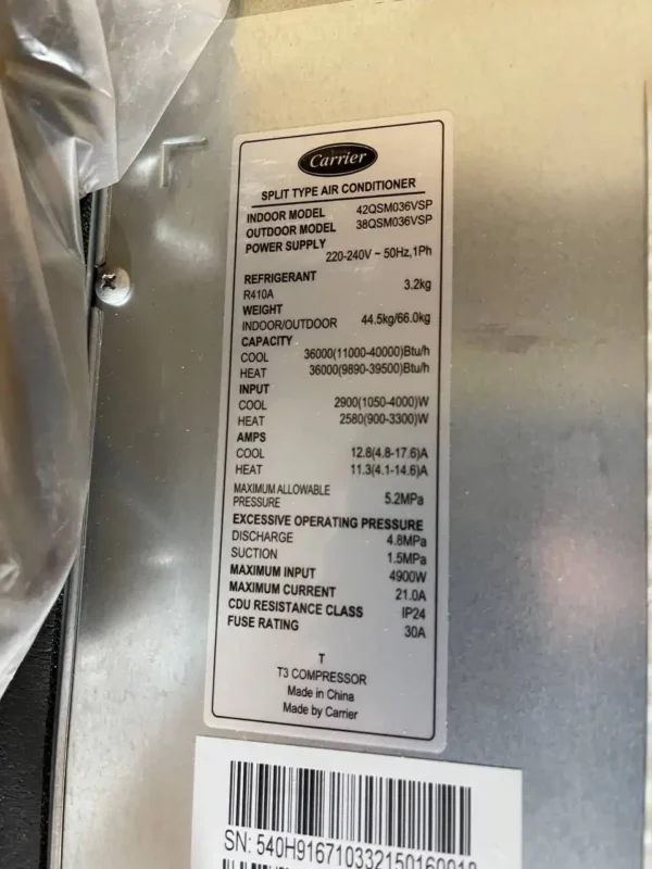 داکت اسپلیت کریر 36000 اینورتر دار موتور سنگین T3