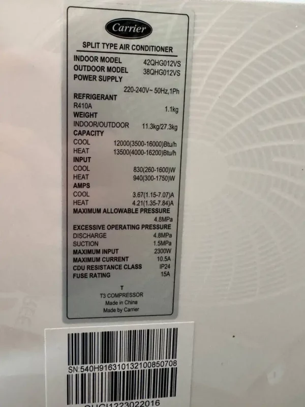 کولر گازی کریر 12000 اینورتر کنترل آمپر