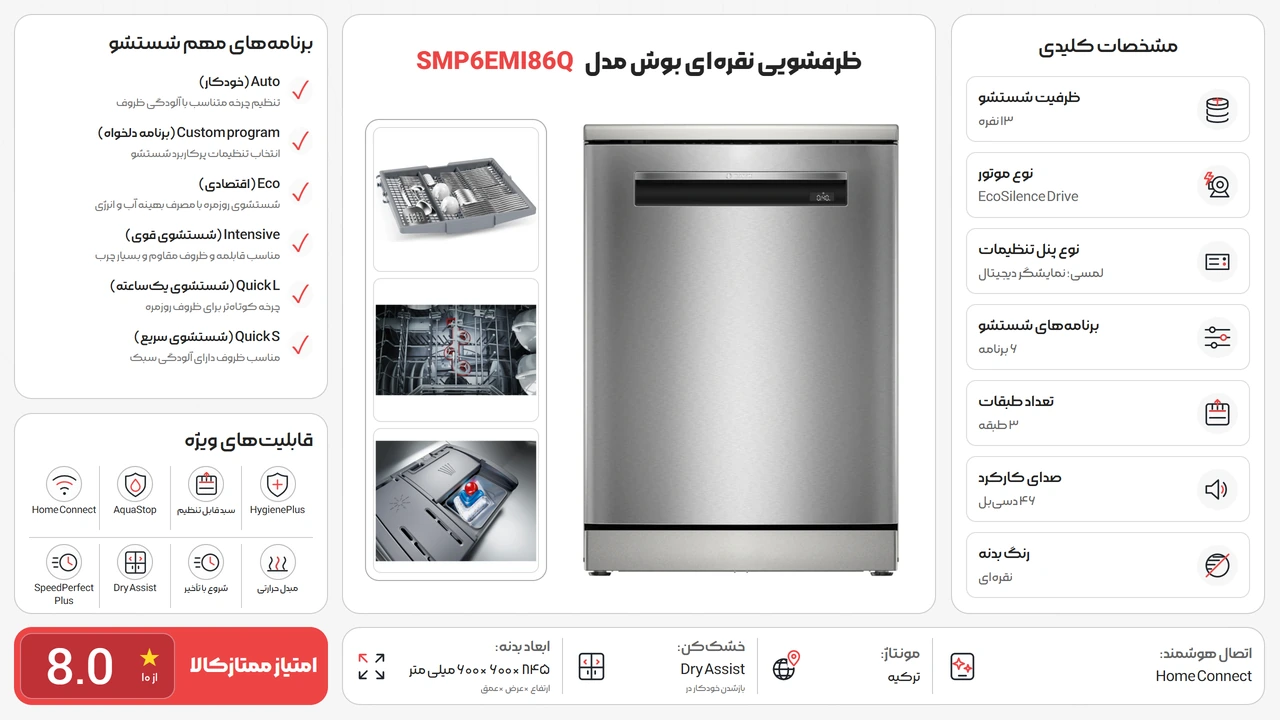 اینفوگرافیک ظرفشویی بوش SMP6EMI86Q نقره ای