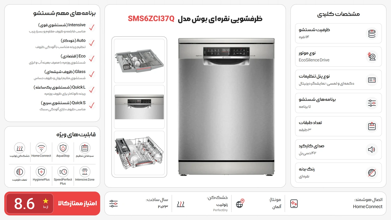 اینفوگرافیک ظرفشویی بوش SMS6ZCI37Q نقره ای