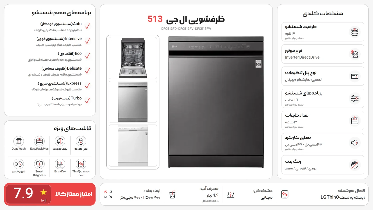اینفوگرافیک ظرفشویی ال جی 513 نقره ای