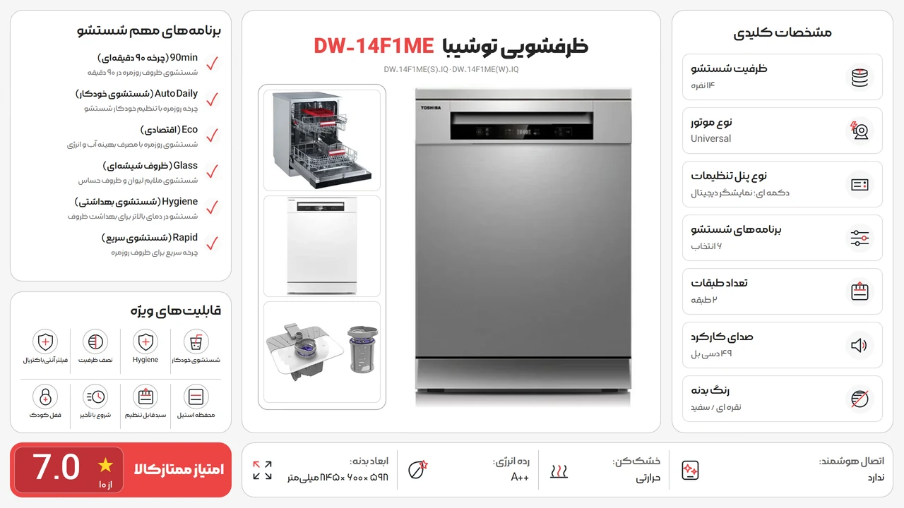 اینفوگرافیک ظرفشویی توشیبا 14F1 نقره ای