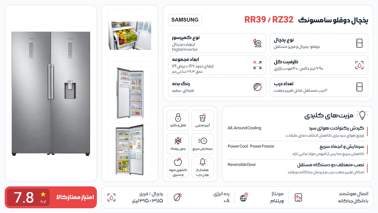 اینفوگرافیک یخچال دوقلو سامسونگ RR39 و RZ32 نقره ای