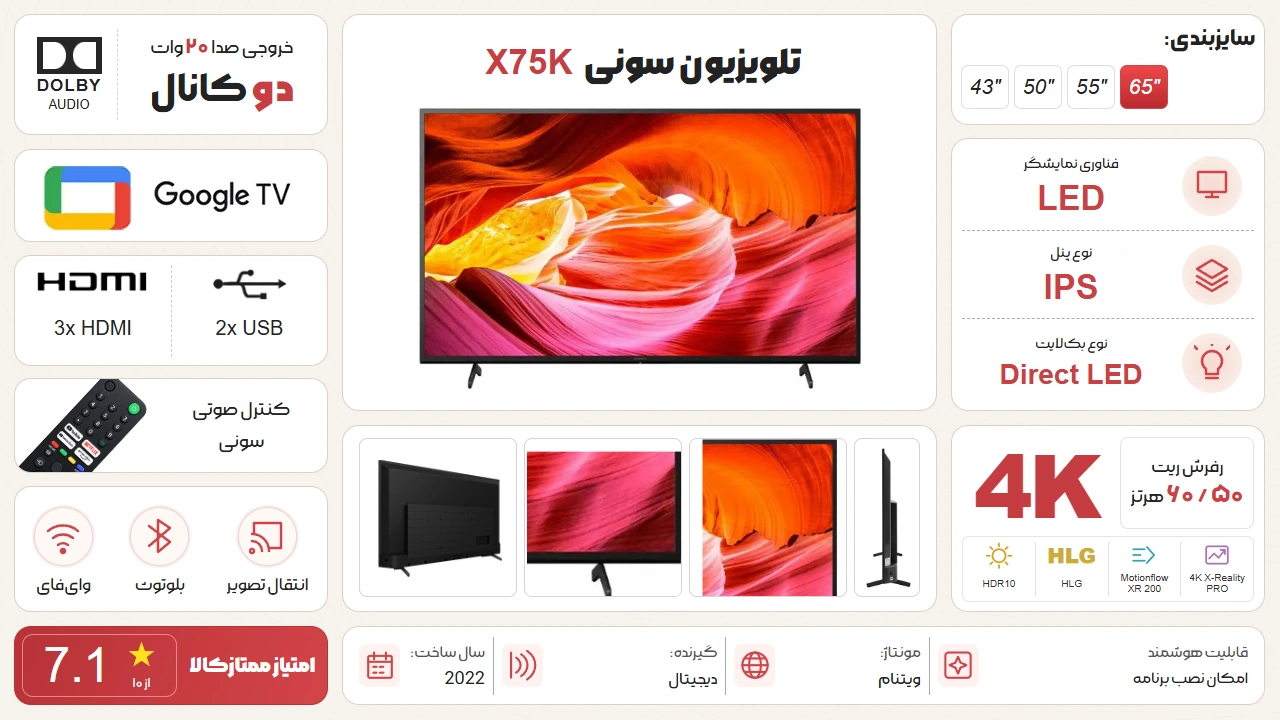 اینفوگرافی مشخصات تلویزیون X75K